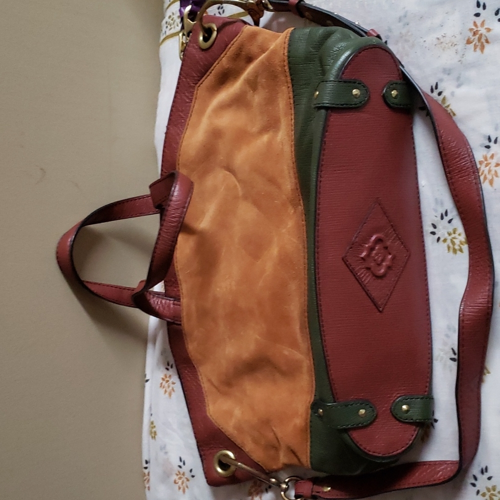 orYANY Suede and Leather Colorblock Satchel in Tan, Brown, and Green - Picture 12 of 13